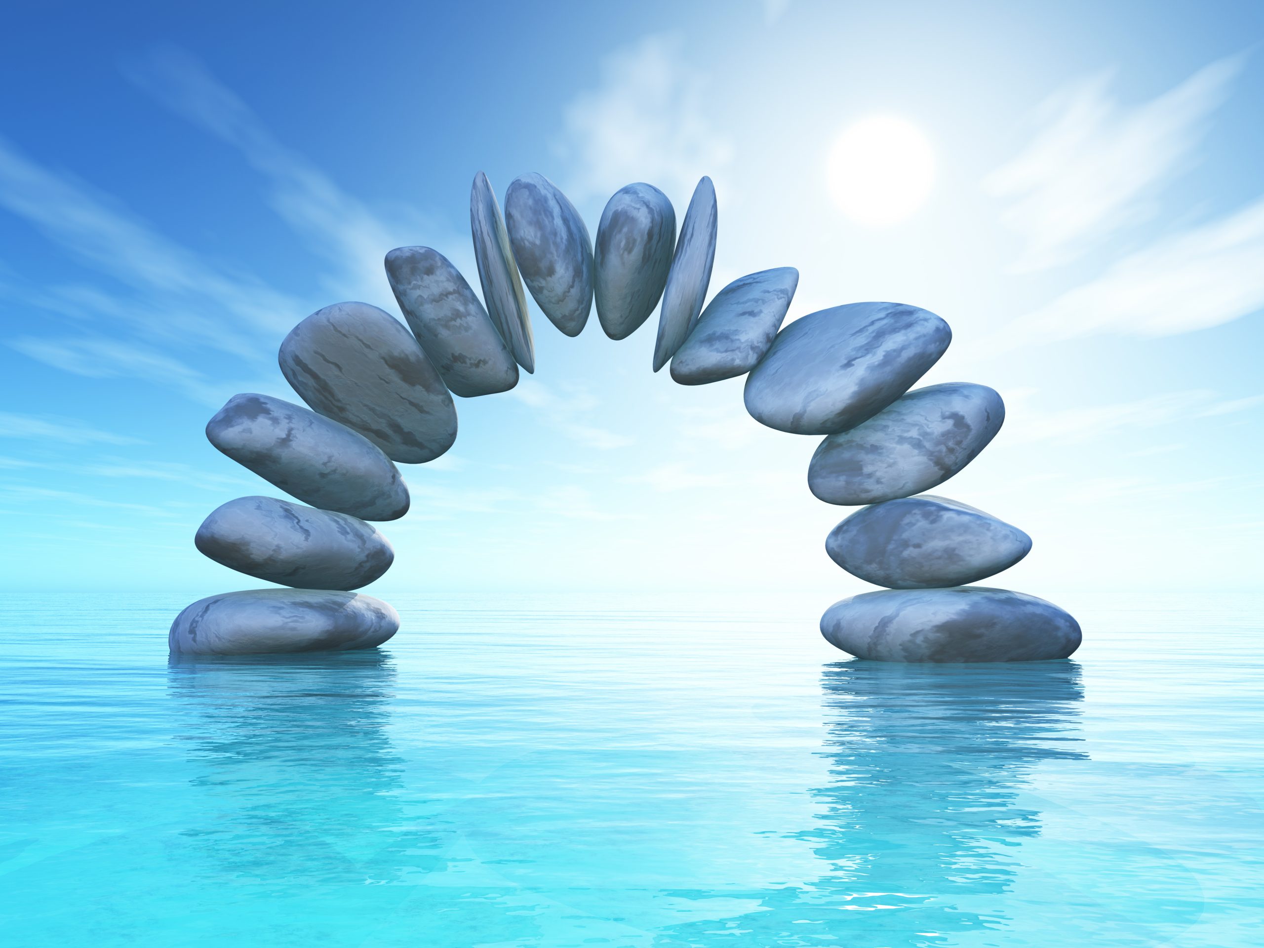 Paysage 3D avec formation d'un arc de pierre au dessus d'un océan bleu tropical