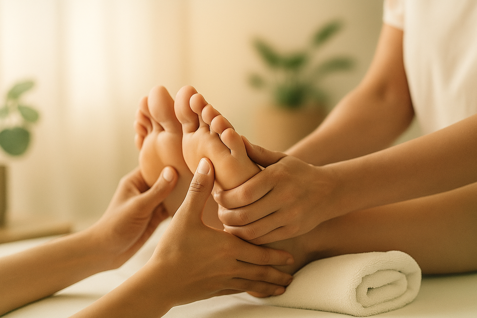 Pieds posés sur une table de massage, recouverte d'une serviette blanche dans une ambiance lumineuse. Les deux mains du praticiens tiennent les pieds