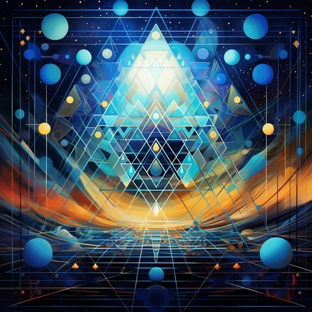 Fond d'image noir, comme pour une galaxie. Au milieu un demi arc épais dans les tons orangé. Au centre des figures géométriques triangulaires en 3D et autour des rond comme des planètes le tout dans des tons bleu ciel.