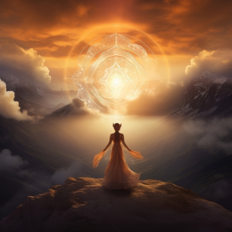Sur un fond allant du sombre à l'orangé, représentation rayonnante de la déesse du soleil féminine dans une robe éthérée
