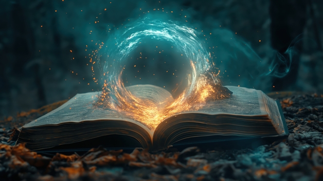 Un livre ouvert posé sur un tapis de feuillles en forët duquel sort un cercle lumineux